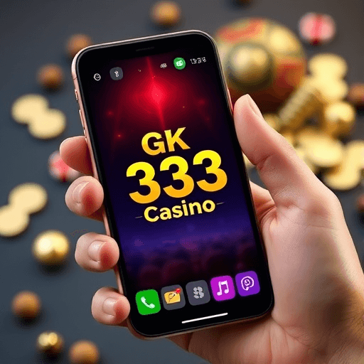 GK333 app UI on smartphone showing slot games and live casino
